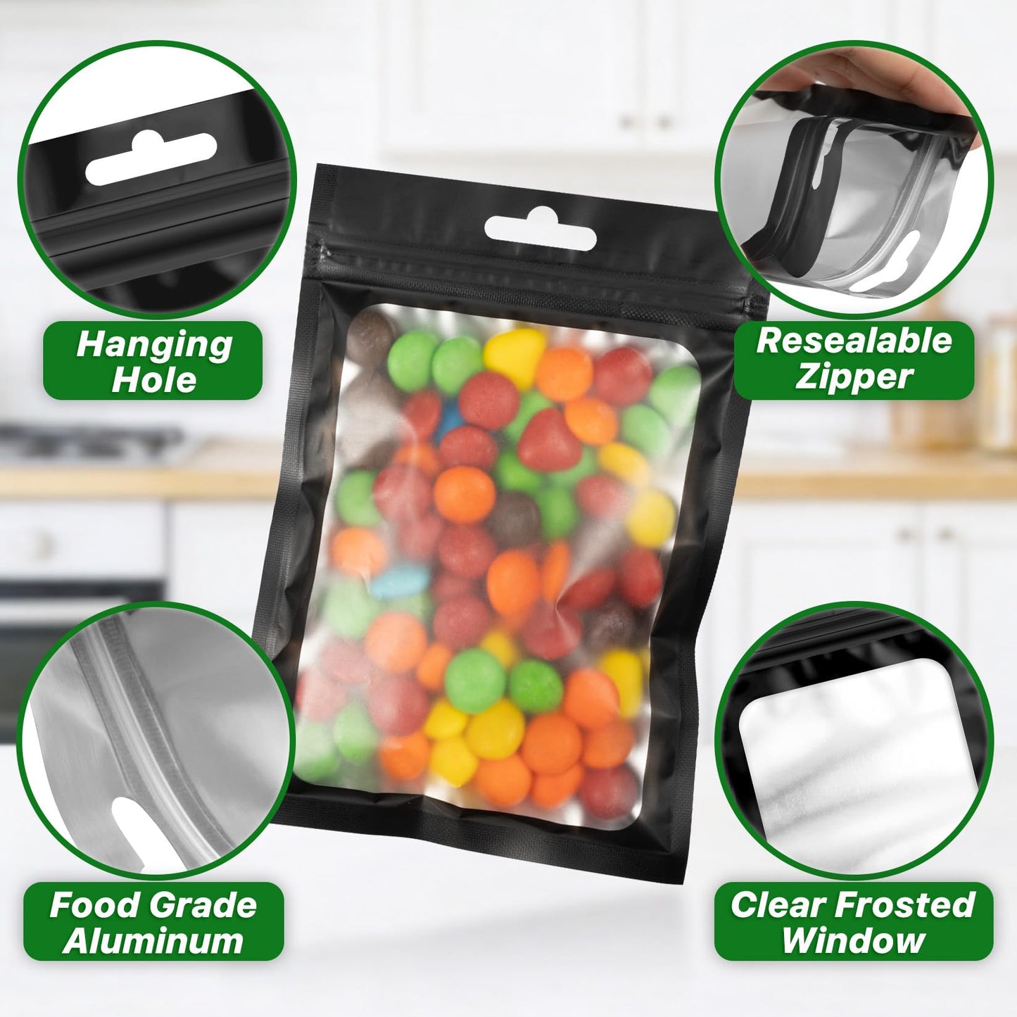 ANZNKU 100Pcs Black Mylar Bags, Resealable Smell Proof Zip Goodie Baggies