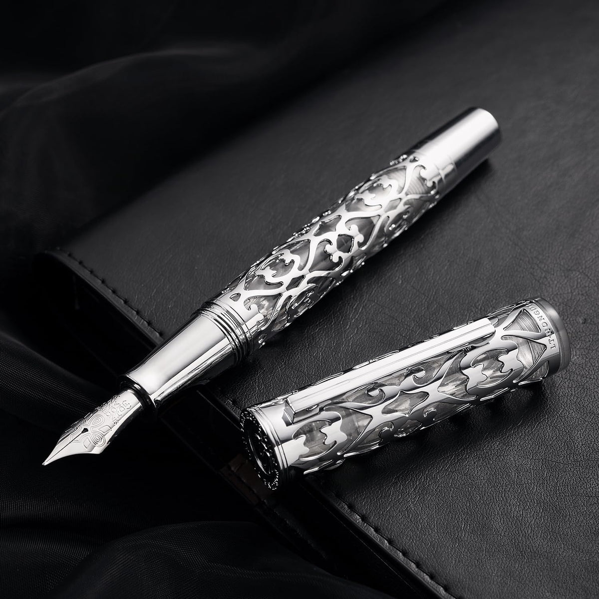 HONG DIAN D1 Piston Fountain Pen Fine Nib, Hollow Skeleton & Resin with Metal Case Set (Silver)