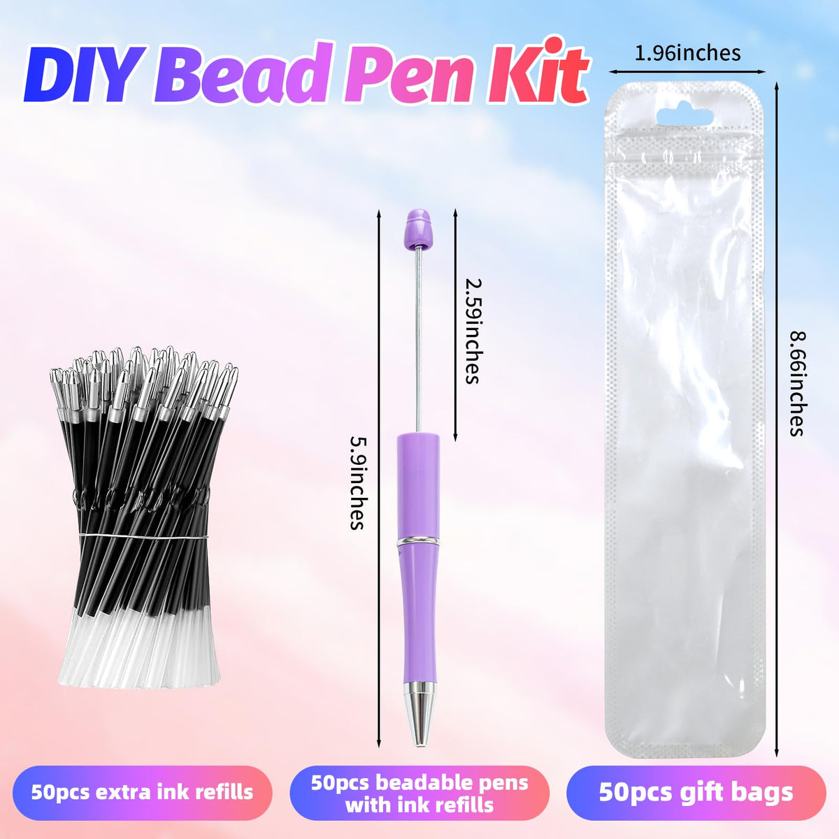 DASTTUIS 300 Pieces DIY Beadable Pen Kit – 100 Plastic Ballpoint Pens with Refills & Bags – School