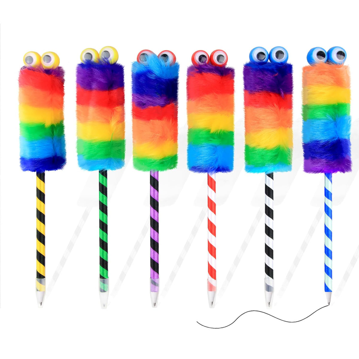 Abhay 6 Pack Big Eyes Fluffy Colorful Rainbow pom pom Pens for Girls - Party Supplies