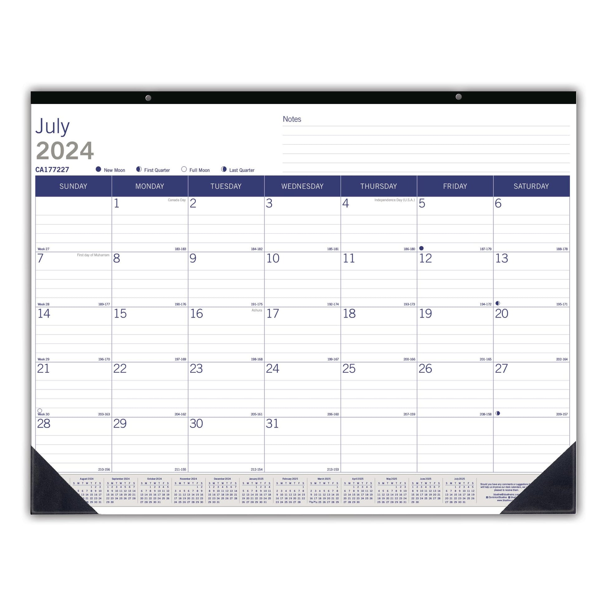 Blueline® DuraGlobe™ Academic Monthly Desk Pad Calendar, 13 Months, July 2024 to July 2025, 22" x
