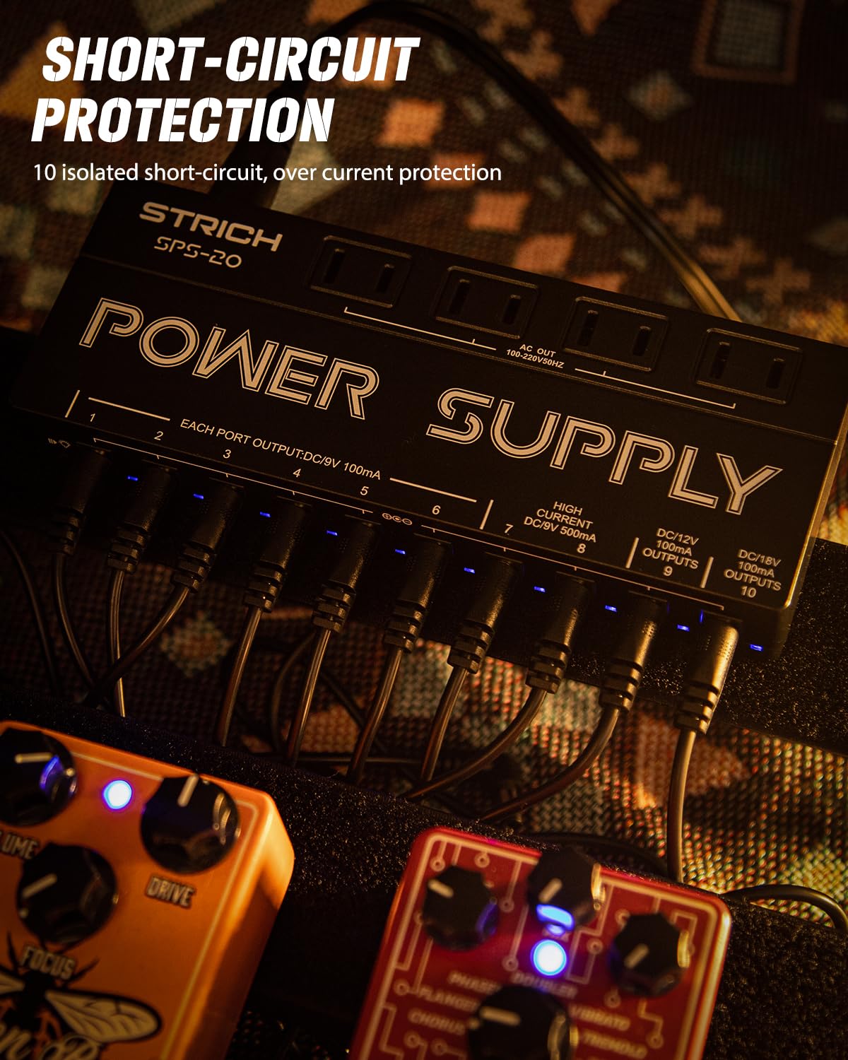 STRICH SPS-20 10-Output Pedal Power Supply for 9V/12V/18V Guitar Pedal