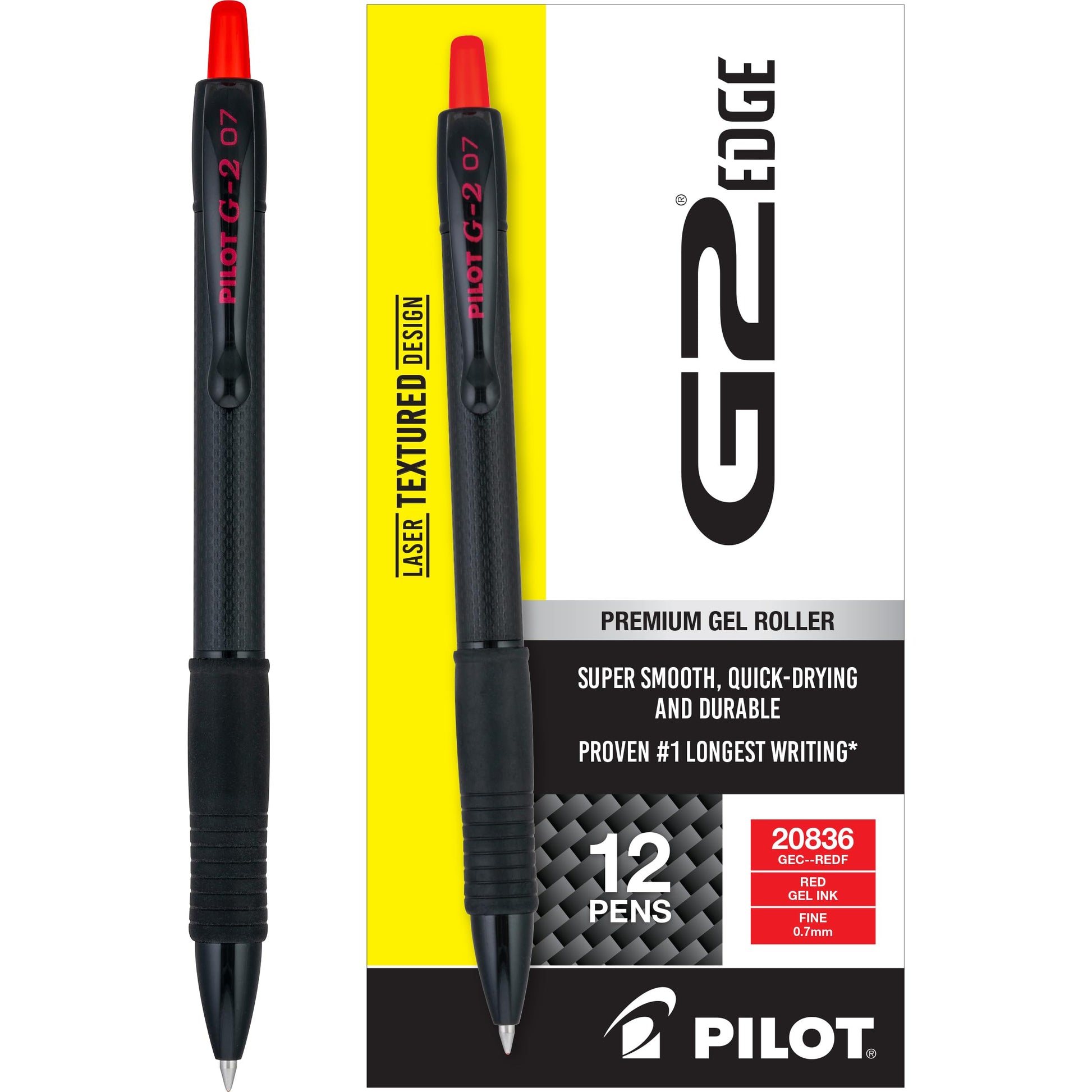 PILOT G2 Edge Red Gel Roller Pens, Fine Point 0.7 mm, 12Pk