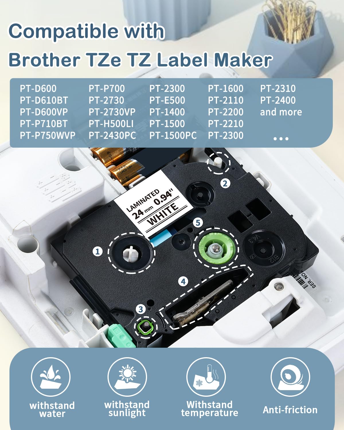 Compatible with TZ Tape 24mm 0.94 Laminated White TZe-251 P-Touch Labels