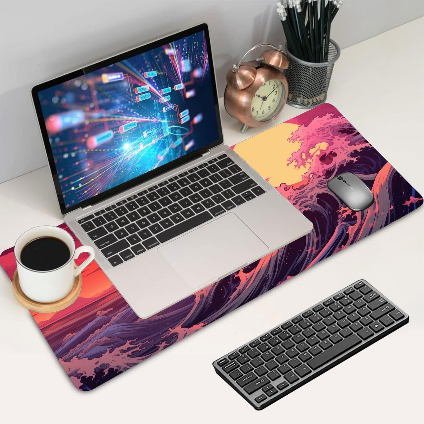 Japanese Sea Wave Large Gaming Mouse Pad with Stitched Edges, 31.5" x 15.7" Large Extended Computer
