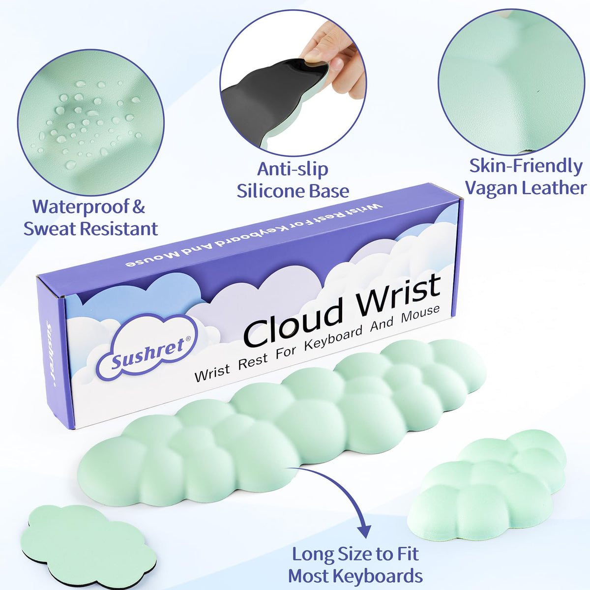 Sushret Cloud Wrist Rest Keyboard, Cloud Keyboard Wrist Pad Set with PU Leather Memory Foam, Cute