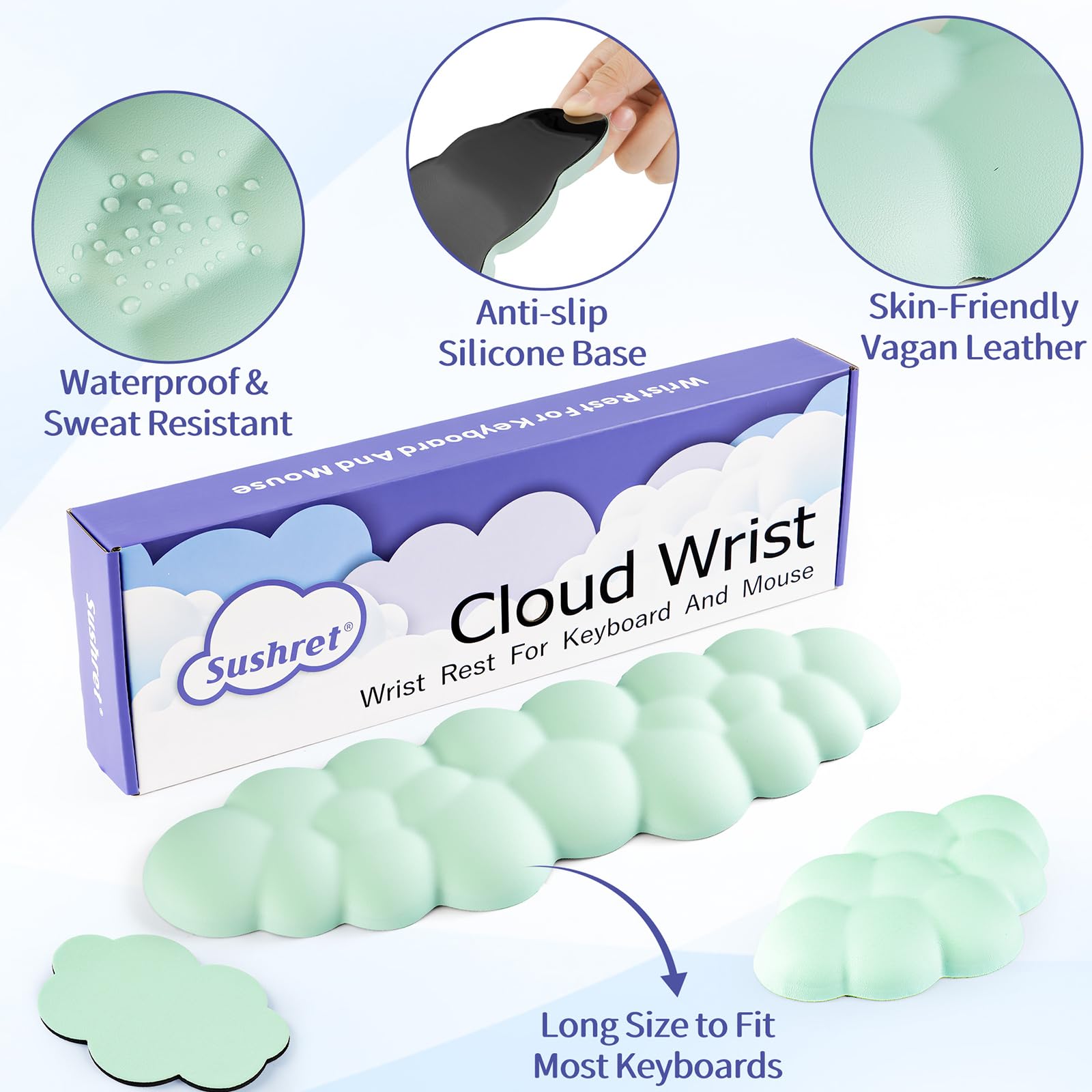 Sushret Cloud Wrist Rest Keyboard, Cloud Keyboard Wrist Pad Set with PU Leather Memory Foam, Cute