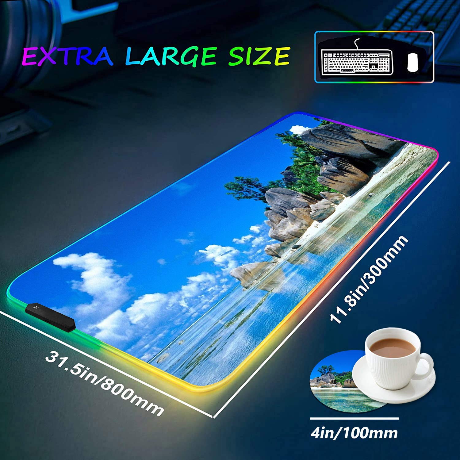 RGB Gaming Mouse Pad with Coffee Coaster, XXL Large Glowing LED Mousepad, Anti-Slip Rubber Base