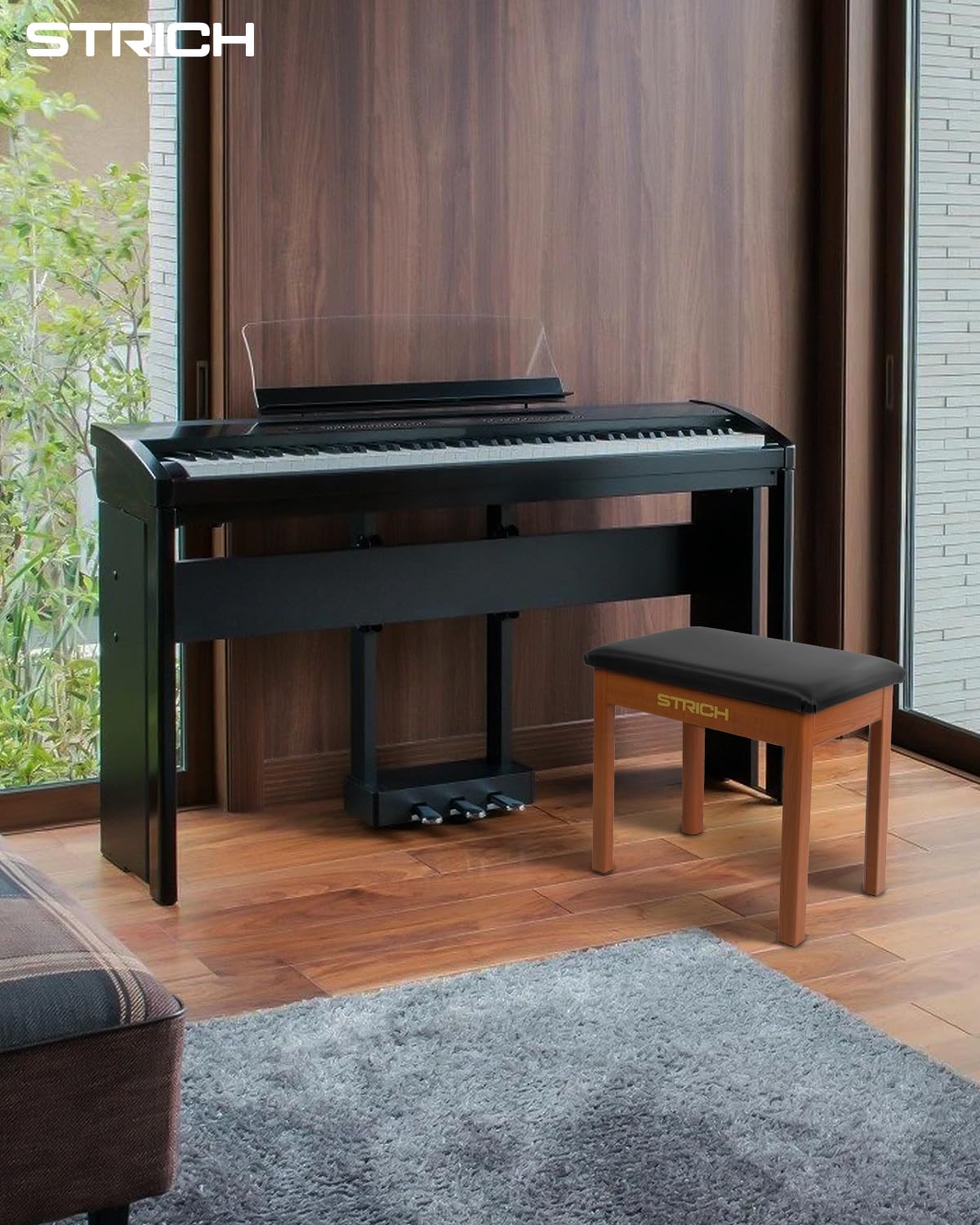 STRICH Piano Bench with Storage, Solid Wood Keyboard Bench Piano Bookcase Stool Chair Seat with