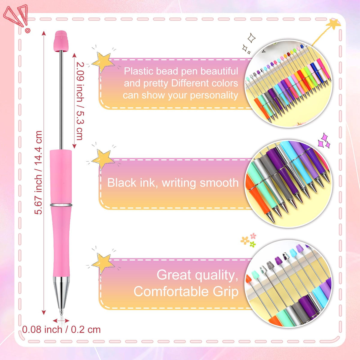 Kosiz 60 Pieces Beadable Pens Bulk Black Ink Pens,Candy Color,Classic