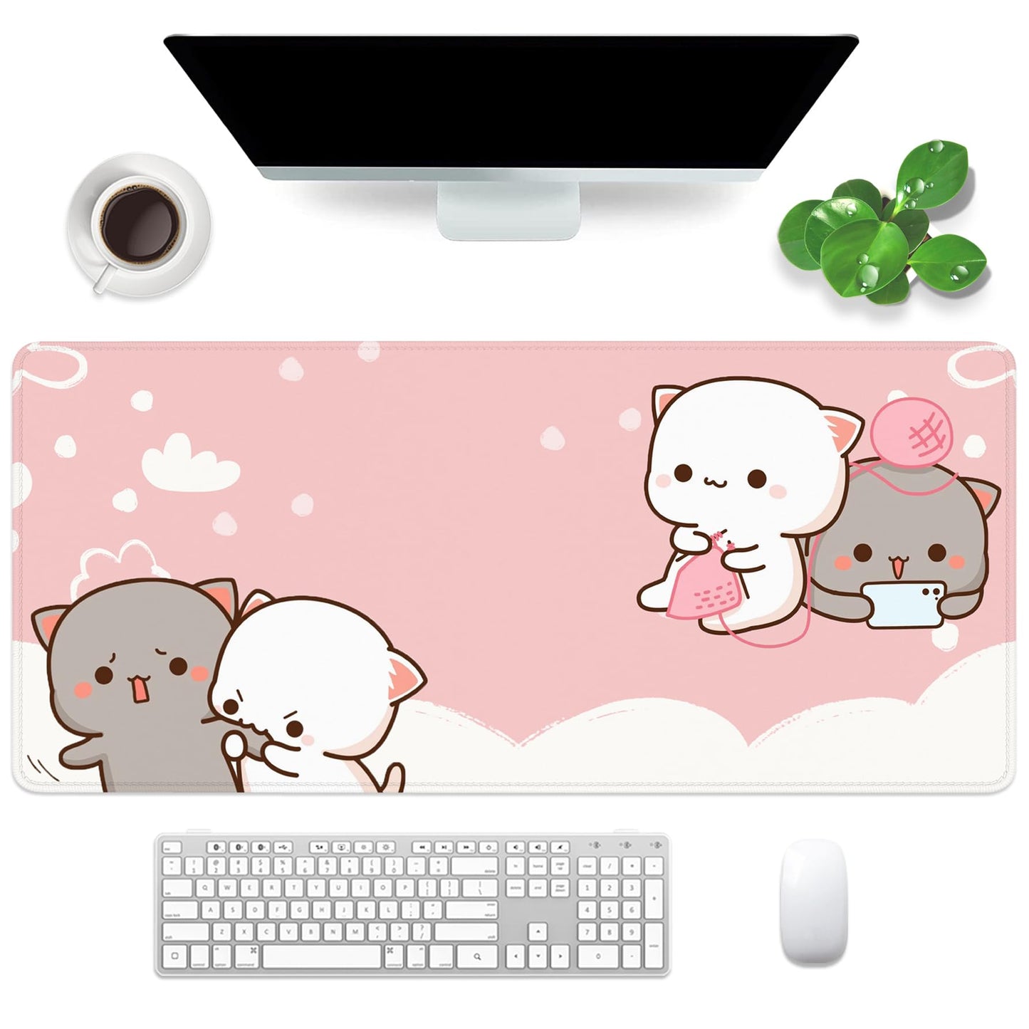 Pink Large Gaming Mouse Pad Kawaii Desk Pad XXL Cute Cat Mouse Mat 35x15.7x0.12 inch Desk