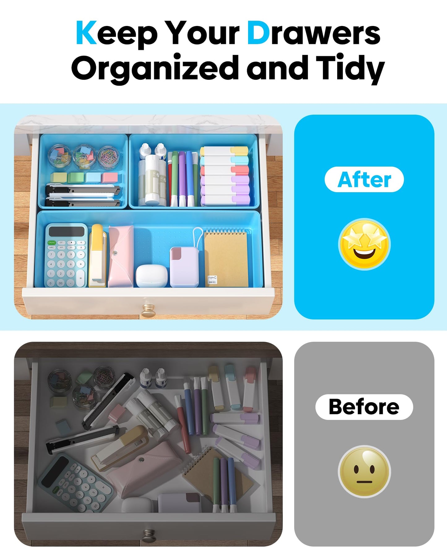MLIKLU 10 Pack Large Size Plastic Drawer Organizers Set, 3 Sizes Desk Drawer Organizer Trays