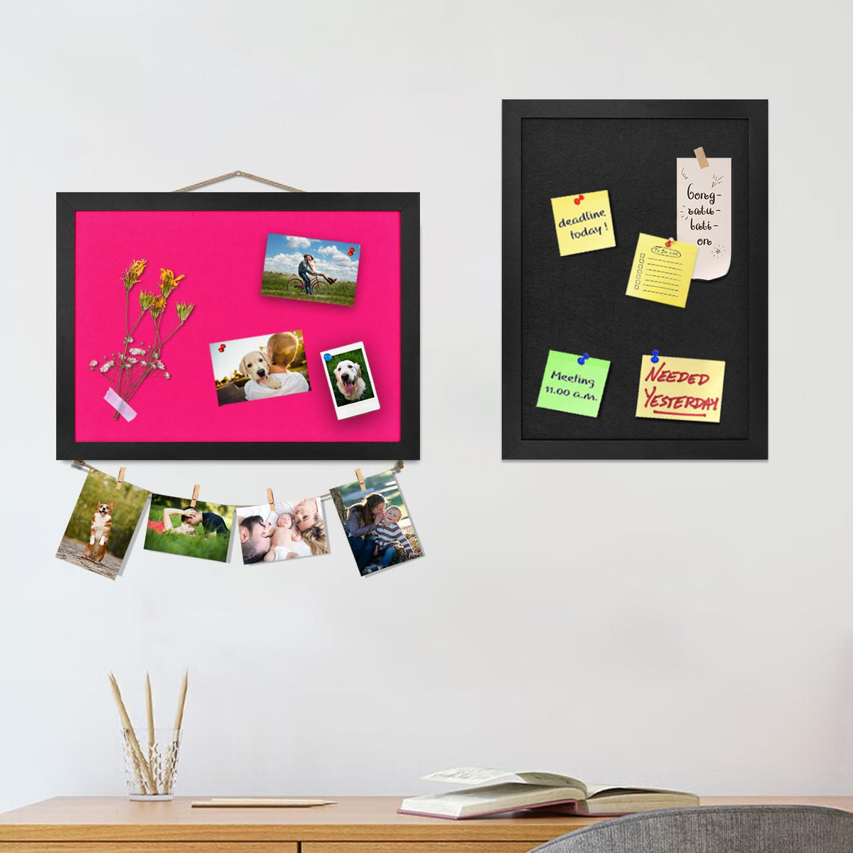 2PCS Black Bulletin Boards Cork Board with Felt, 15"x11" Small Display Pin Board Vision Board for
