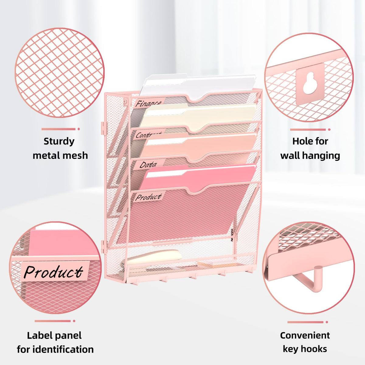 JMHUD 5-Tier Wall File Organizer and Mail Organizer with 5 Hooks, Pink