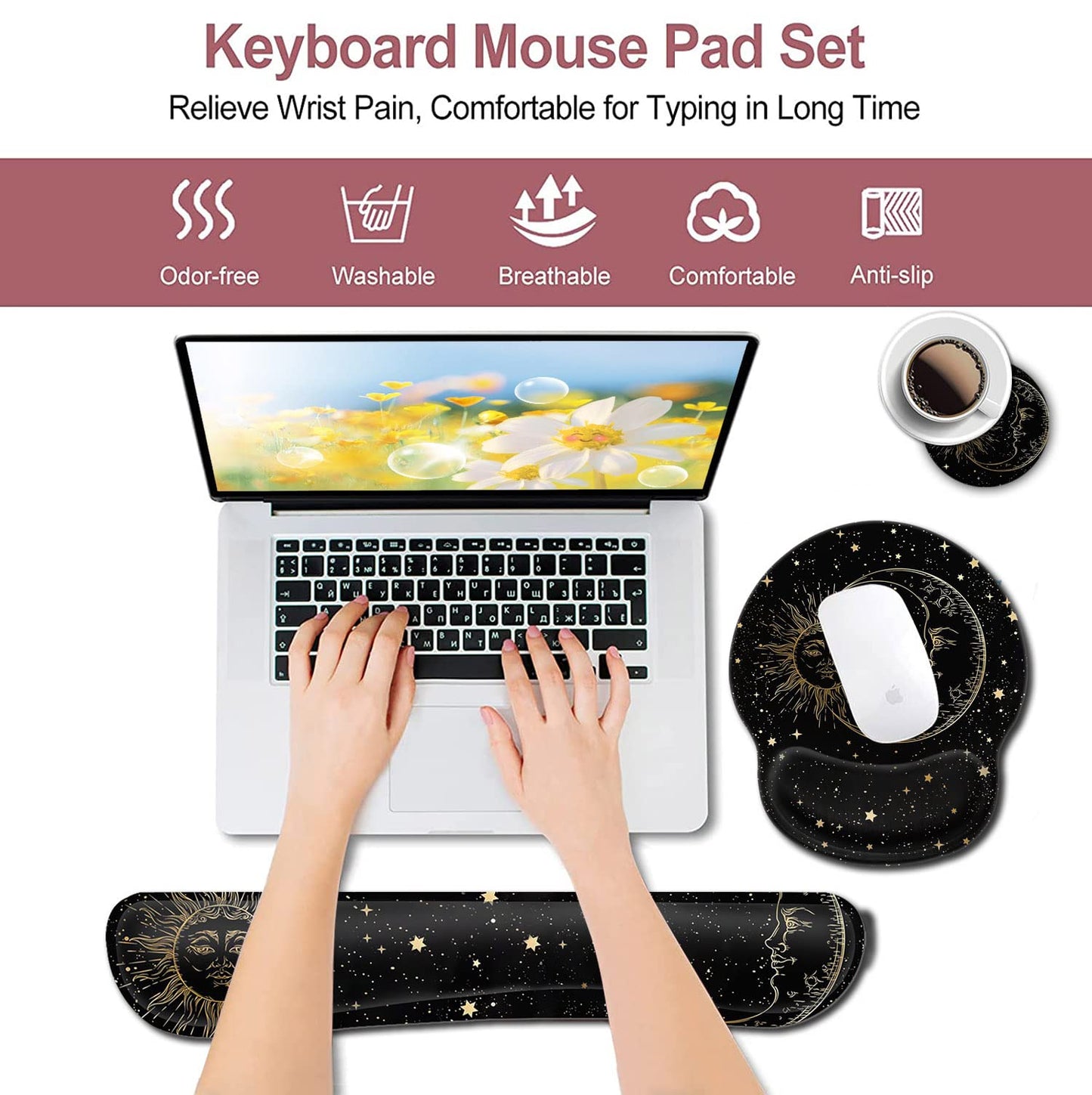 Black Mouse Pad with Stitched Edge, Memory Foam Keyboard Wrist Rest, Non-Slip Rubber Base Mythic