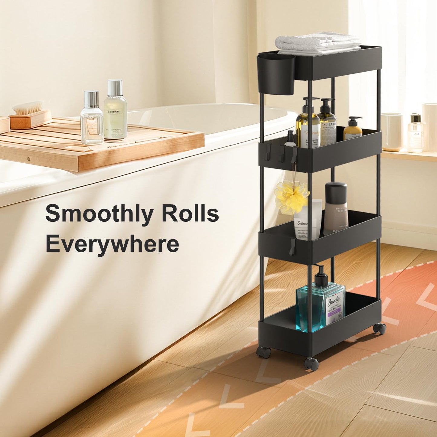 Pipishell 4 Tier Slim Storage Cart with Wheels, Laundry Cart, Black