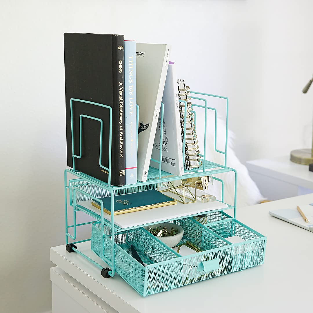 BLU MONACO Mint Green Desk Organizer With File Sorters and Drawer | Metal Mesh Desktop Storage for