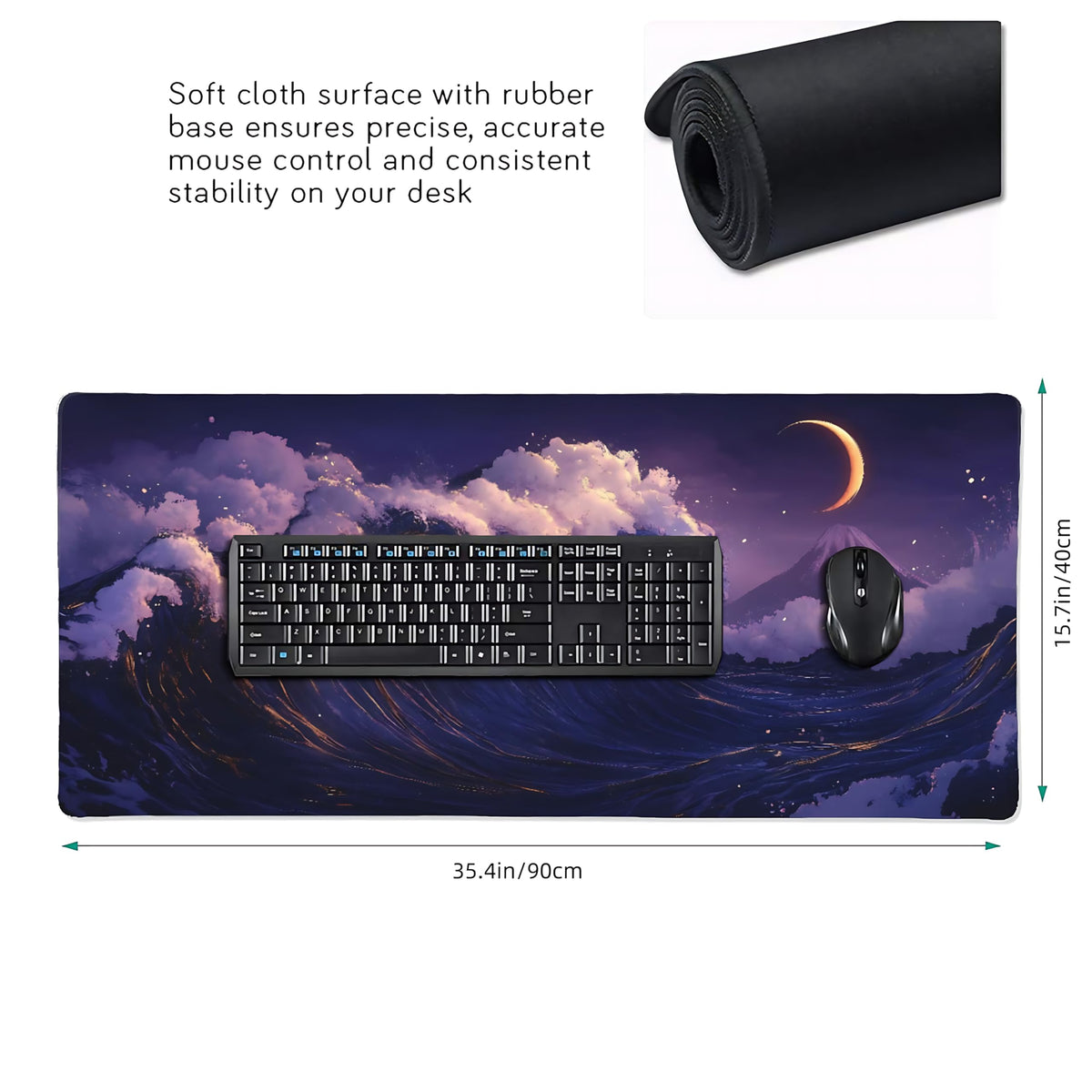 Aesthetic Kanagawa Great Wave Gaming Mouse Pad, Deep Blue Japanese Desk Mat with Anti-Slip Base &