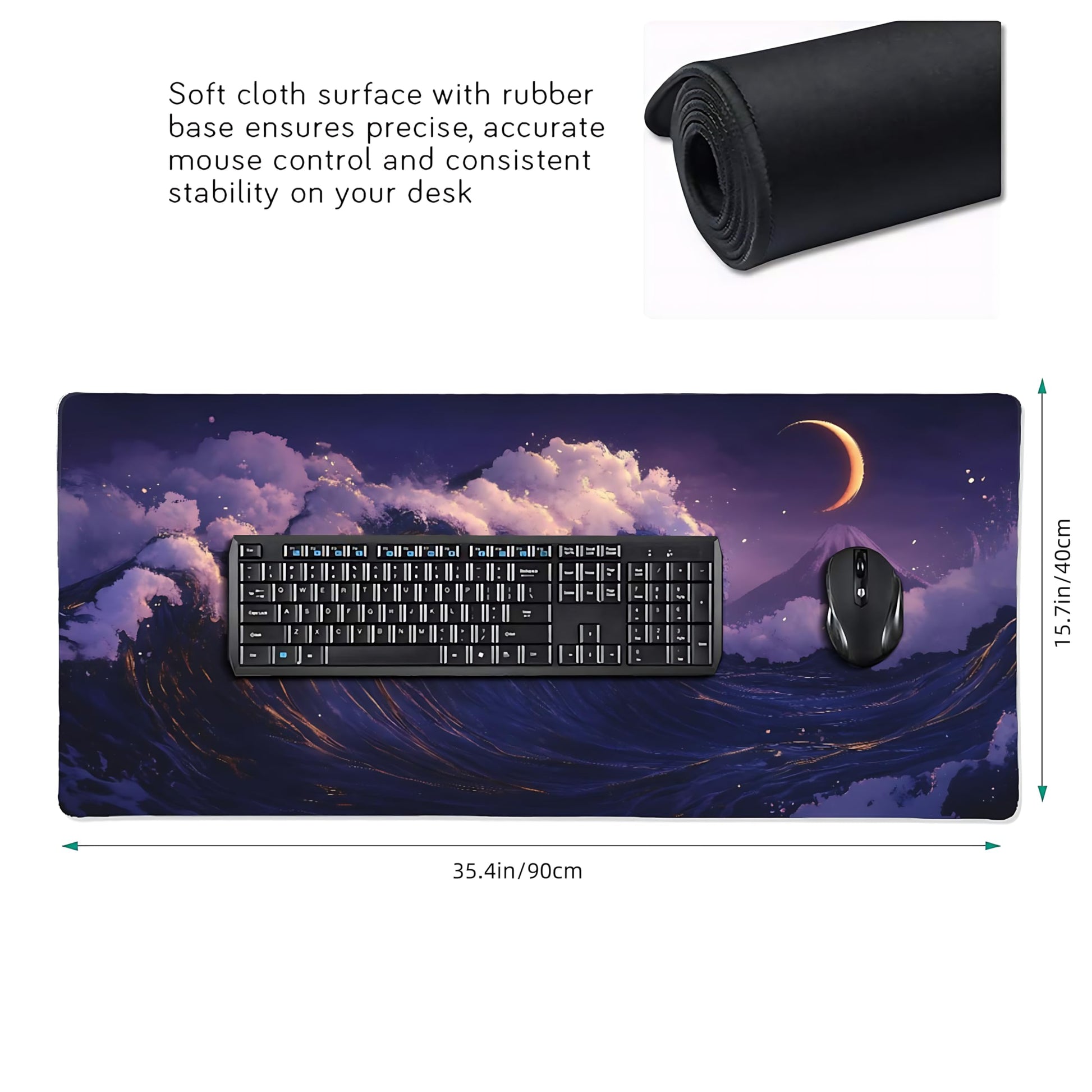 Aesthetic Kanagawa Great Wave Gaming Mouse Pad, Deep Blue Japanese Desk Mat with Anti-Slip Base &