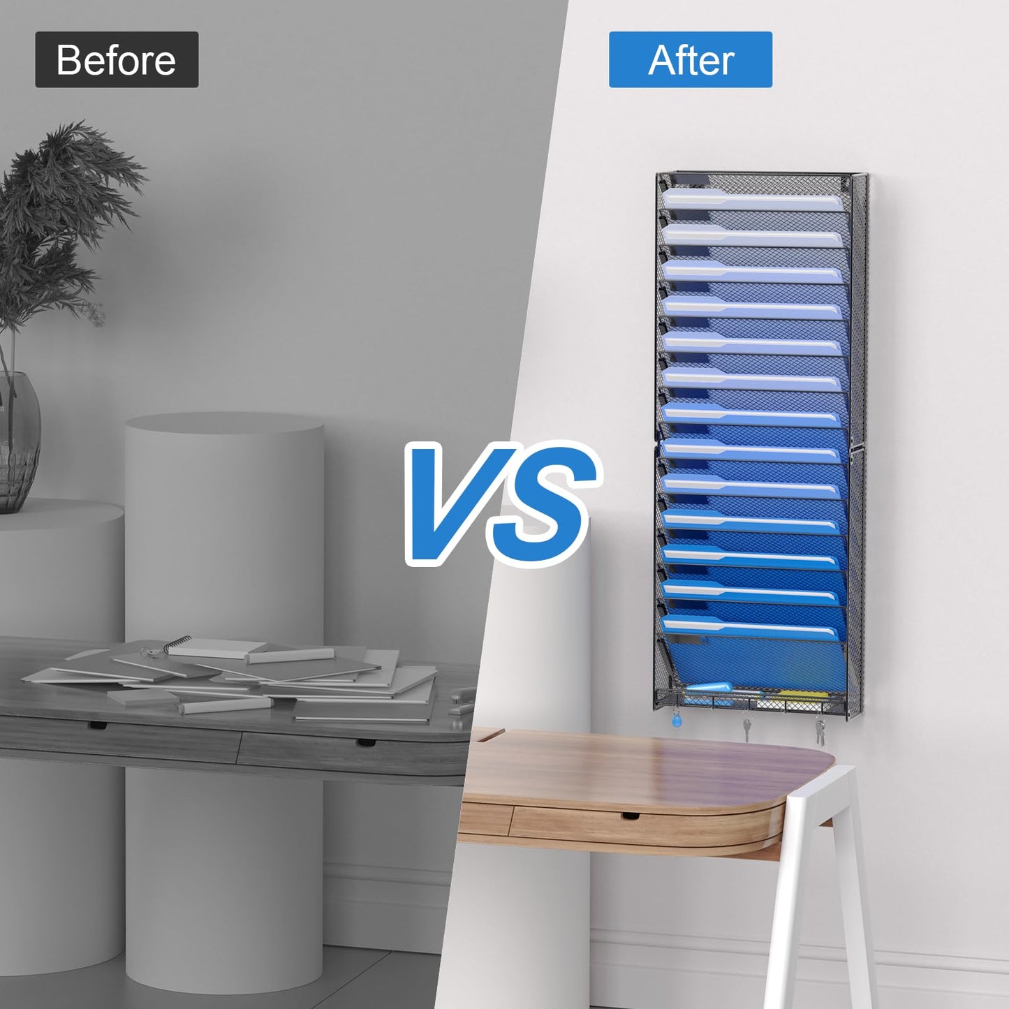 OUTWOLF 15 Tier Wall File Organizer with Hooks, Hanging Wall File Holder Wall Mount Paper Folder
