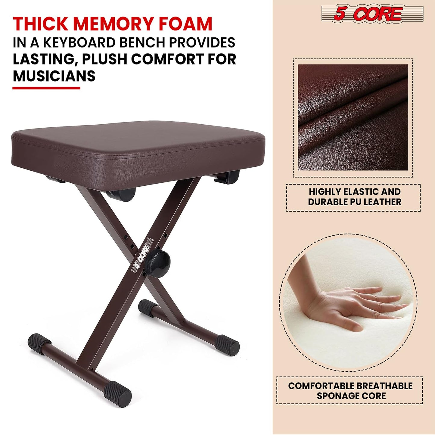 5 CORE Piano Bench X-Style Foldable 3" Padded Keyboard Seat Adjustable Height for Keyboards Synths