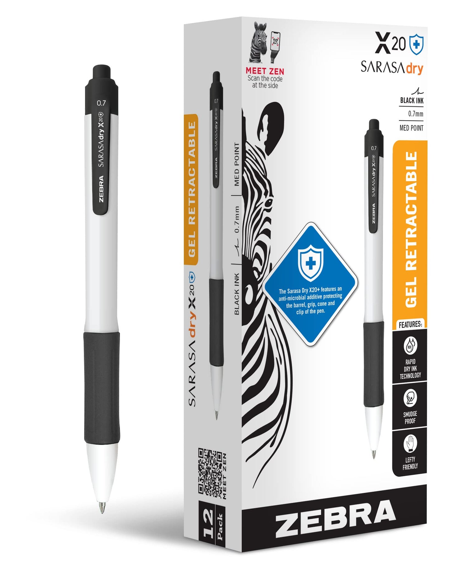 Zebra Pen SARASA X20+ Retractable Gel Pen, Black Ink, 0.7mm, 12-Pack