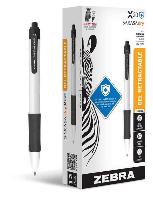 Zebra Pen SARASA X20+ Retractable Gel Pen, Black Ink, 0.7mm, 12-Pack