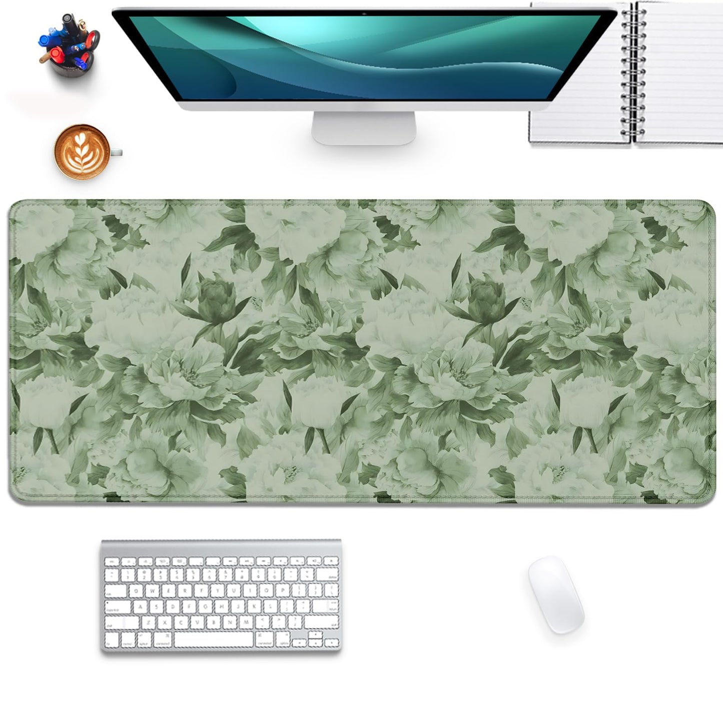 Sage Green Floral Desk Pad Extended Mouse Pad,Large Gaming Floral Mouse Mat with Stitched