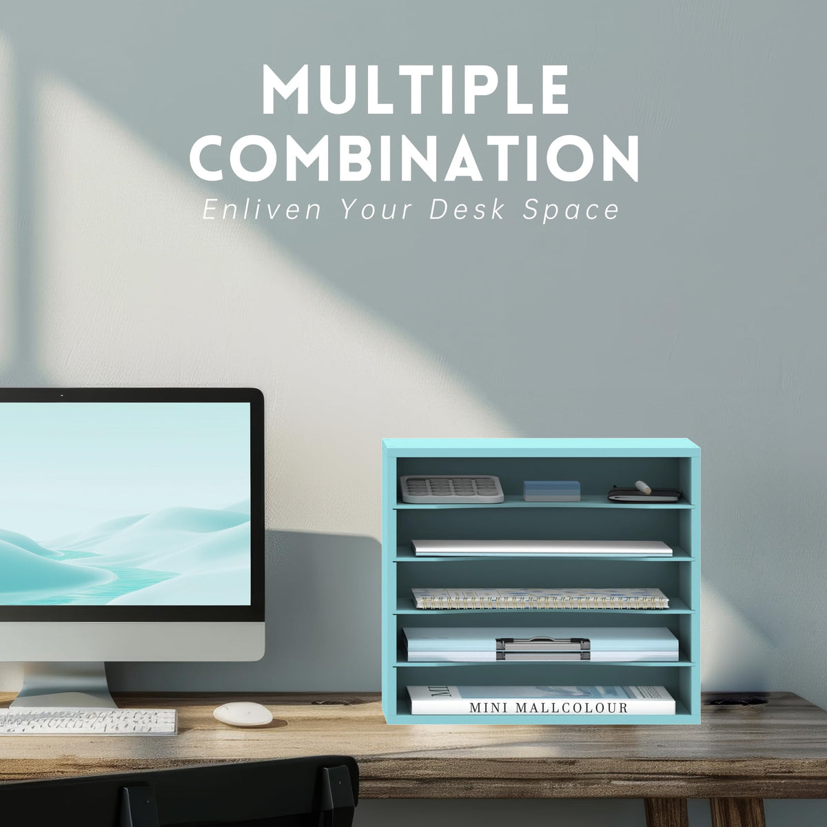 5 Tier Wood Desk Organizer, Mail Sorter and Paper Organizer for Desk, Blue