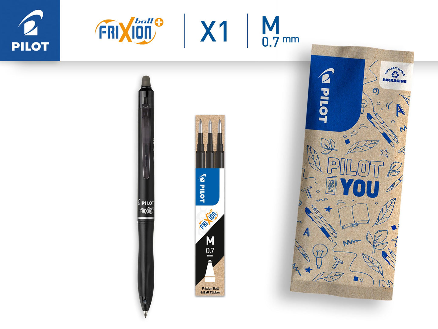 PILOT - FriXion Ball 07 Plus Set - 1 pen + 1 set with 3 vullings - Uitwisbare gel roller ball with