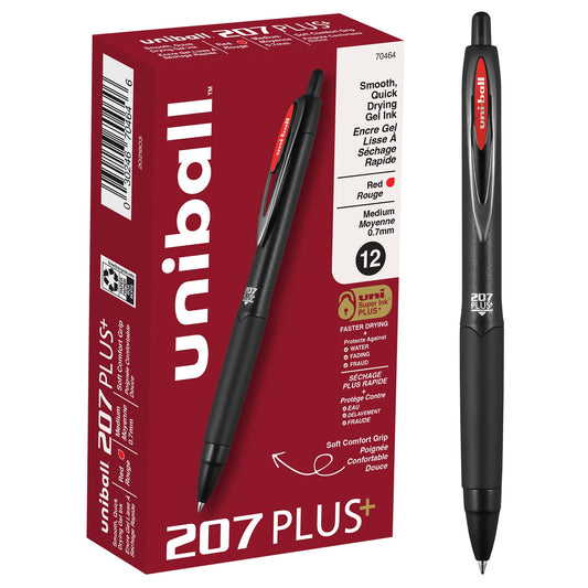 uniball™ 207 Plus+ Gel Pens, Red Ink, 0.7mm Medium Point, 12 Count