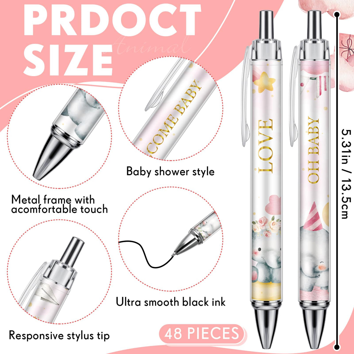 Chuangdi 48 Pcs Baby Shower Pens, Bulk Party Favors for Guests, Retractable Ballpoint Pens Black
