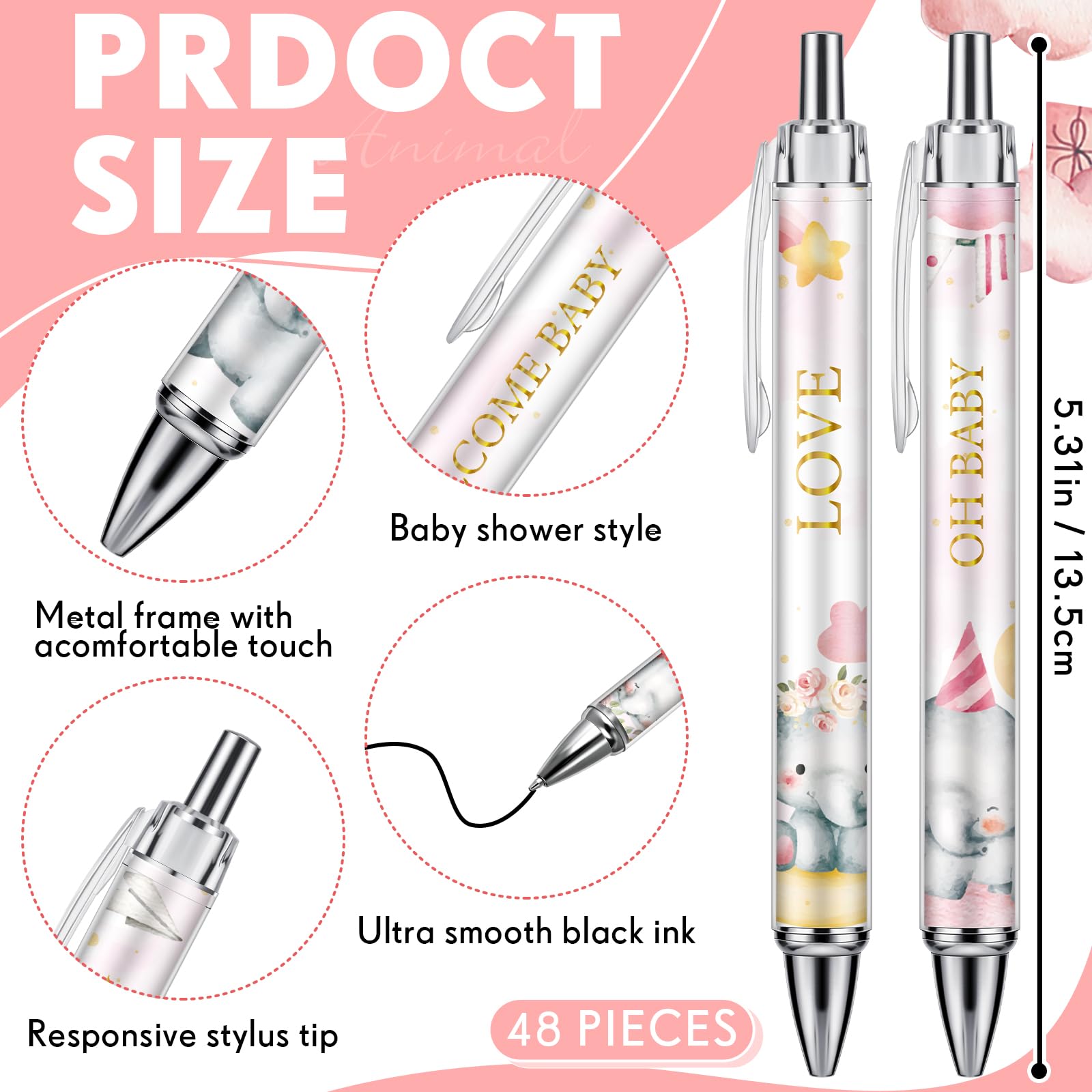Chuangdi 48 Pcs Baby Shower Pens, Bulk Party Favors for Guests, Retractable Ballpoint Pens Black