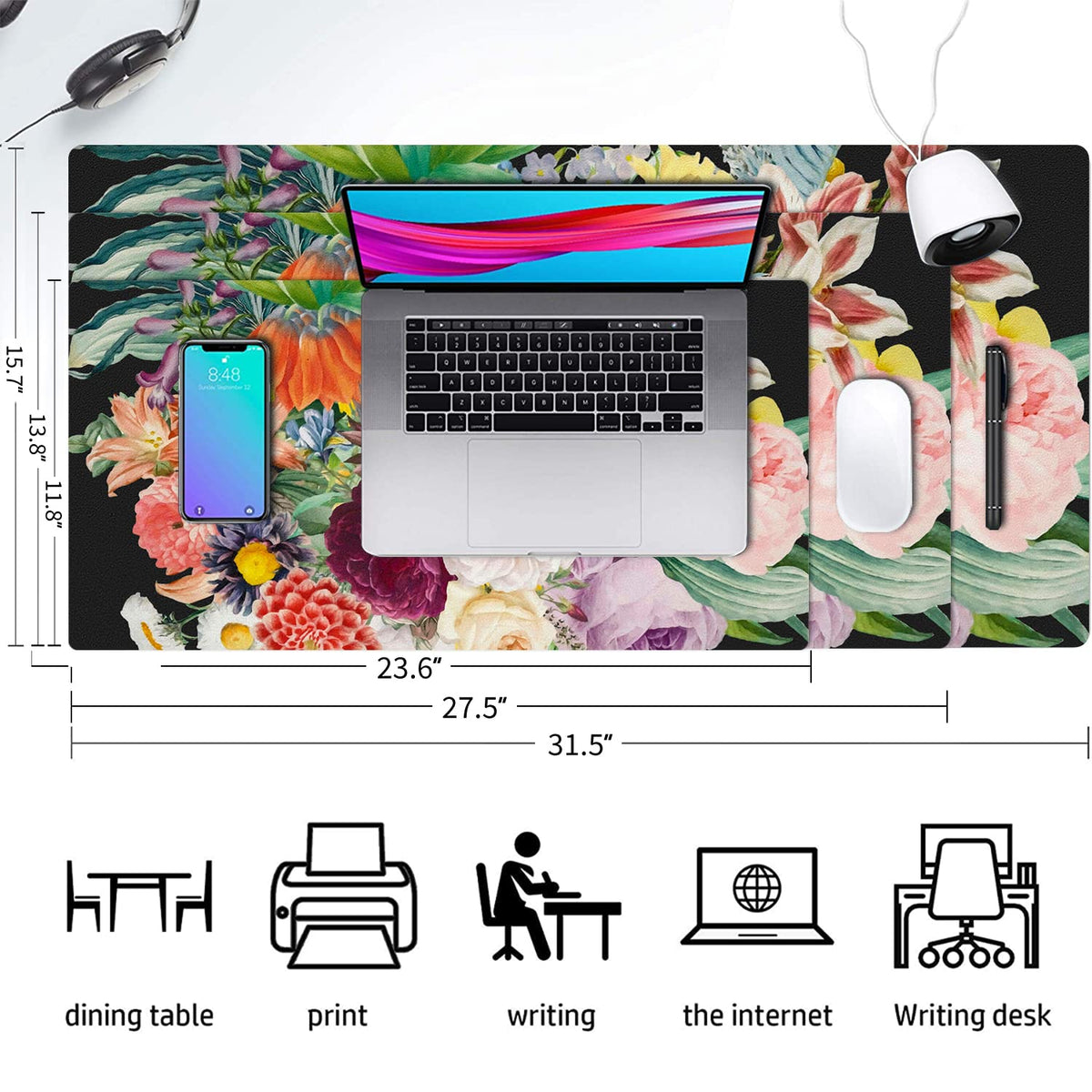Floral Desk Mat, Non-Slip PU Leather Desk Pad, Bouquet 23.6"x11.8"