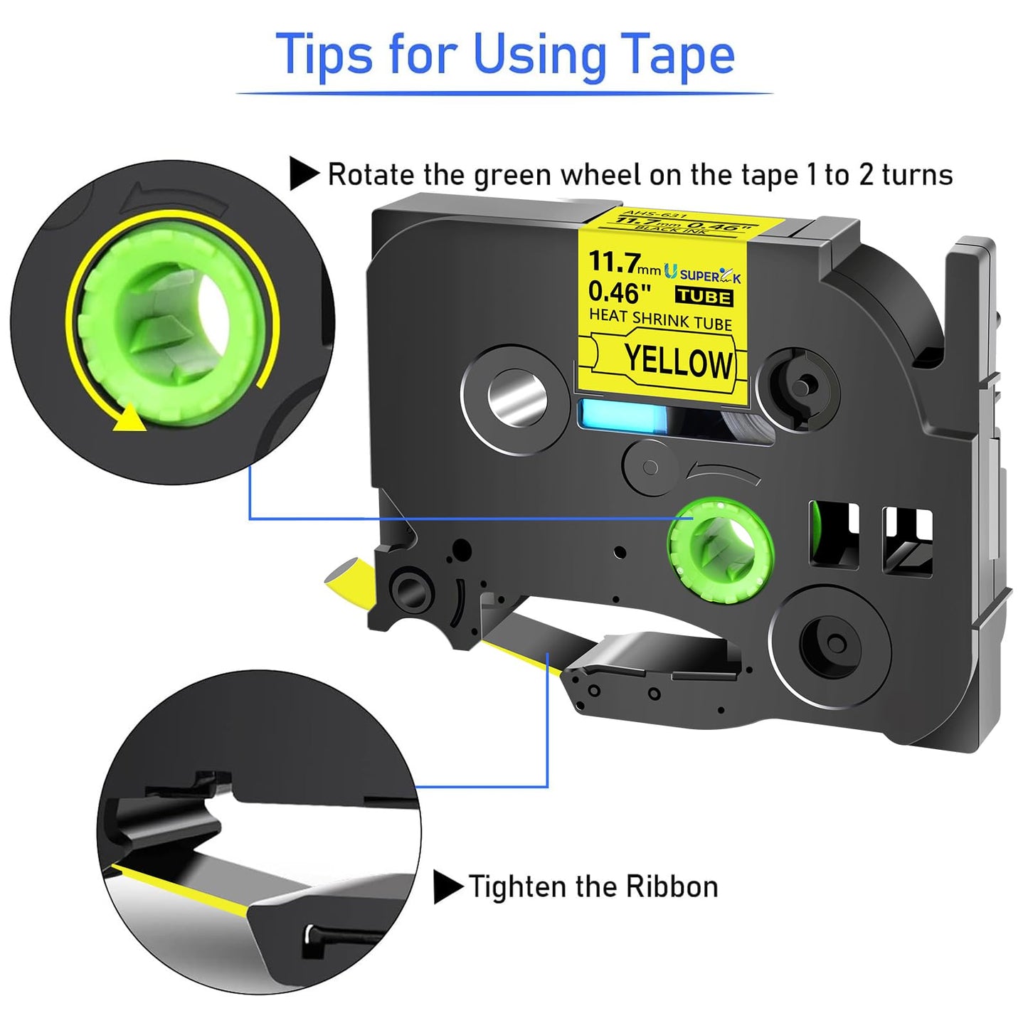 USUPERINK 2PK Compatible for Ptouch HSe-631 HSe631 HS-631 HS631 Black on Yellow 11.7mm 0.46'' Heat