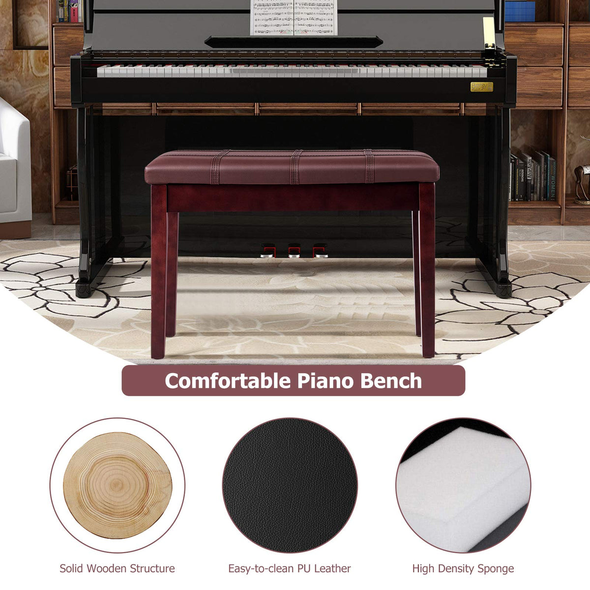 Giantex Duet Piano Bench with Storage, Keyboard Bench with Padded Cushion, Solid Wood Legs, Storage
