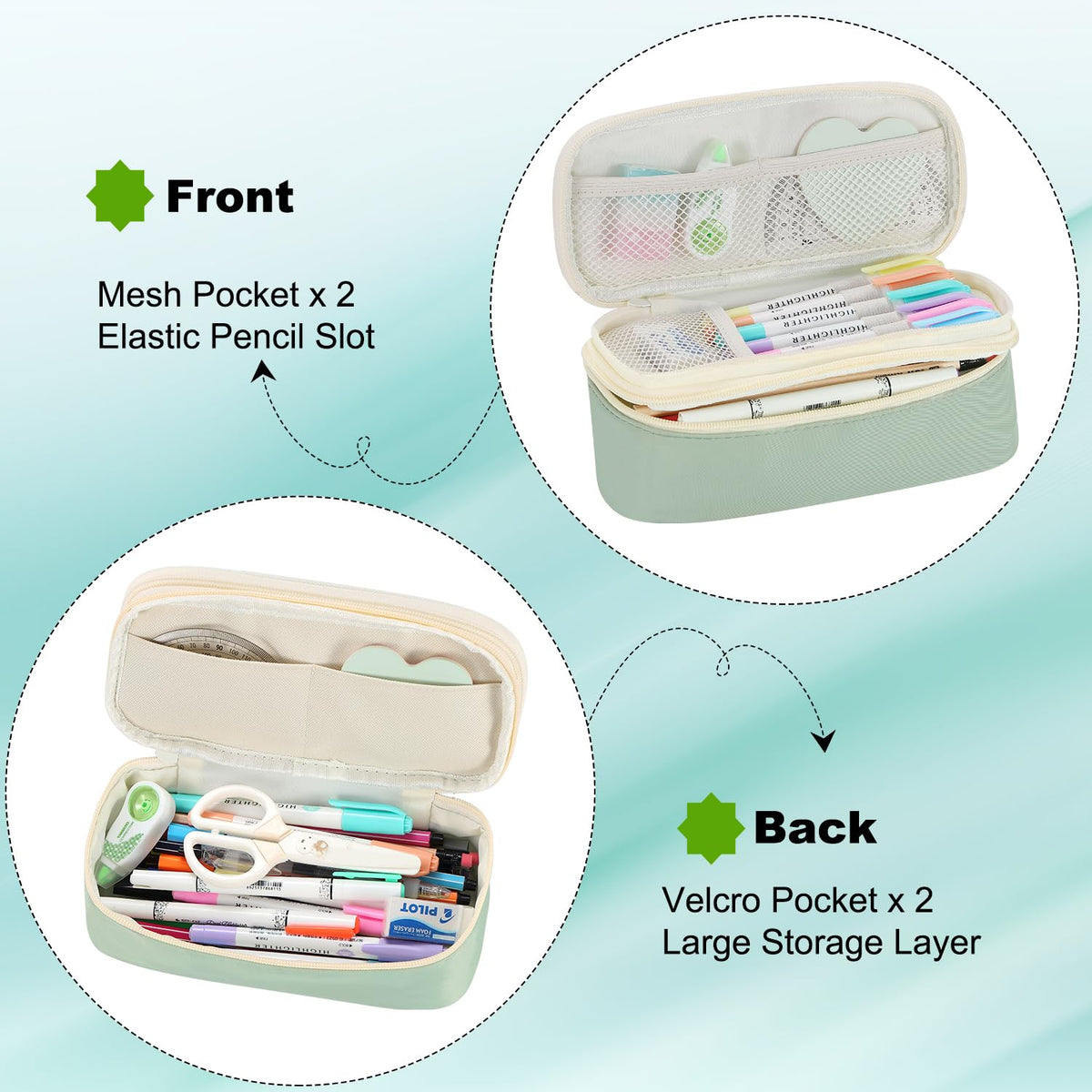 Large Pencil Bag for Girls Teens Kids School Pencil Case Organizer Green