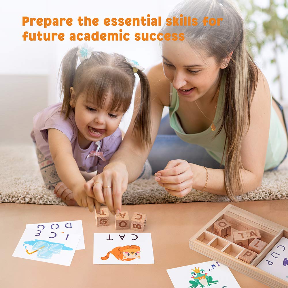 Coogam Spelling Games, Wooden Matching Letters Toy with Flash Cards Words, Montessori ABC Alphabet