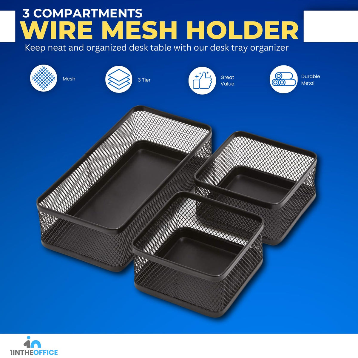 1InTheOffice Desk Baskets and Organizers Tray, Black Mesh Tray, Black Wire Mesh, 3-Compartment