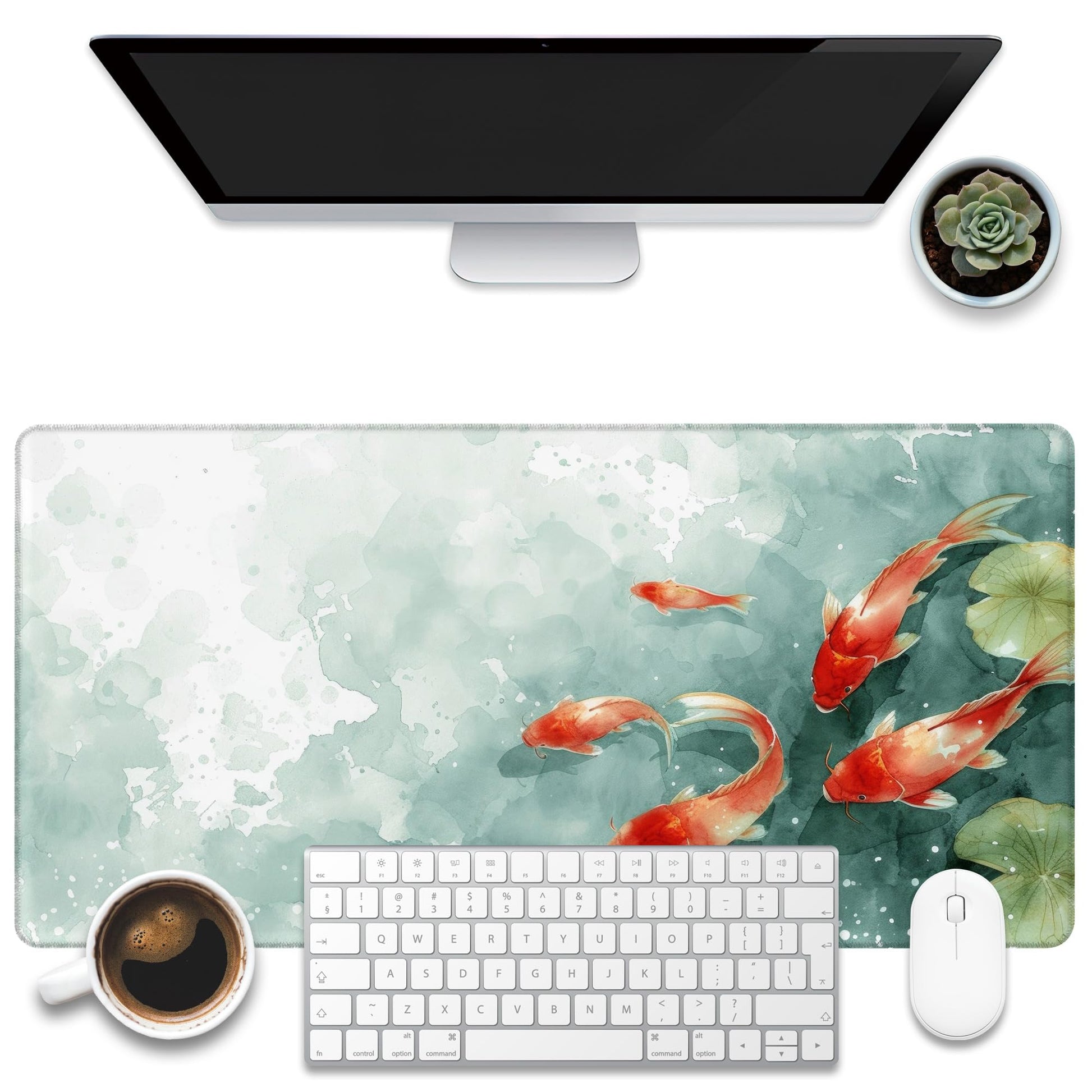 KOAIWPAE Desk Pad, Watercolor Koi Fish Desk Mat, Koi Fish in Pond Large Gaming Mouse Pad