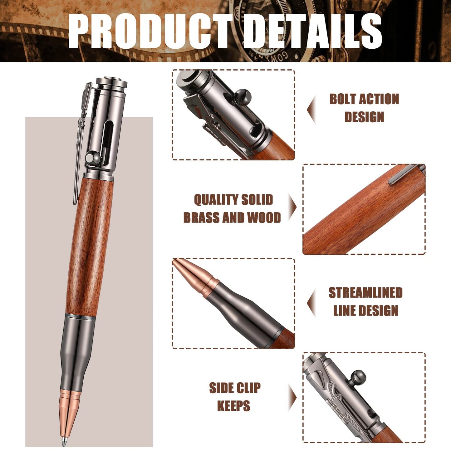 Chinco 2 Sets Bolt Action Bullet Pens with Refills for Men,Black, Brown