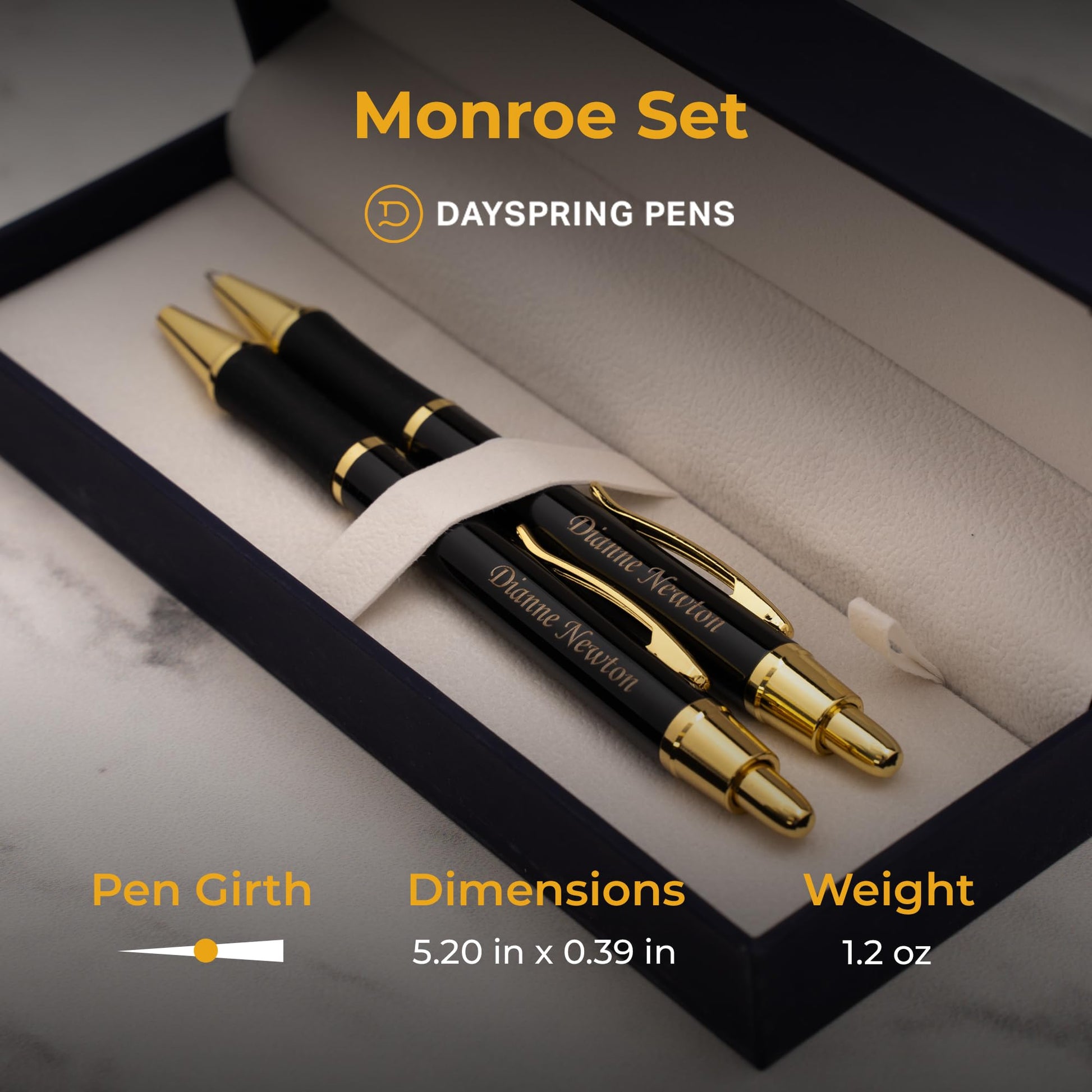 Dayspring Pens Monroe Personalized Pen and Pencil, Black Lacquer, Gold Trim