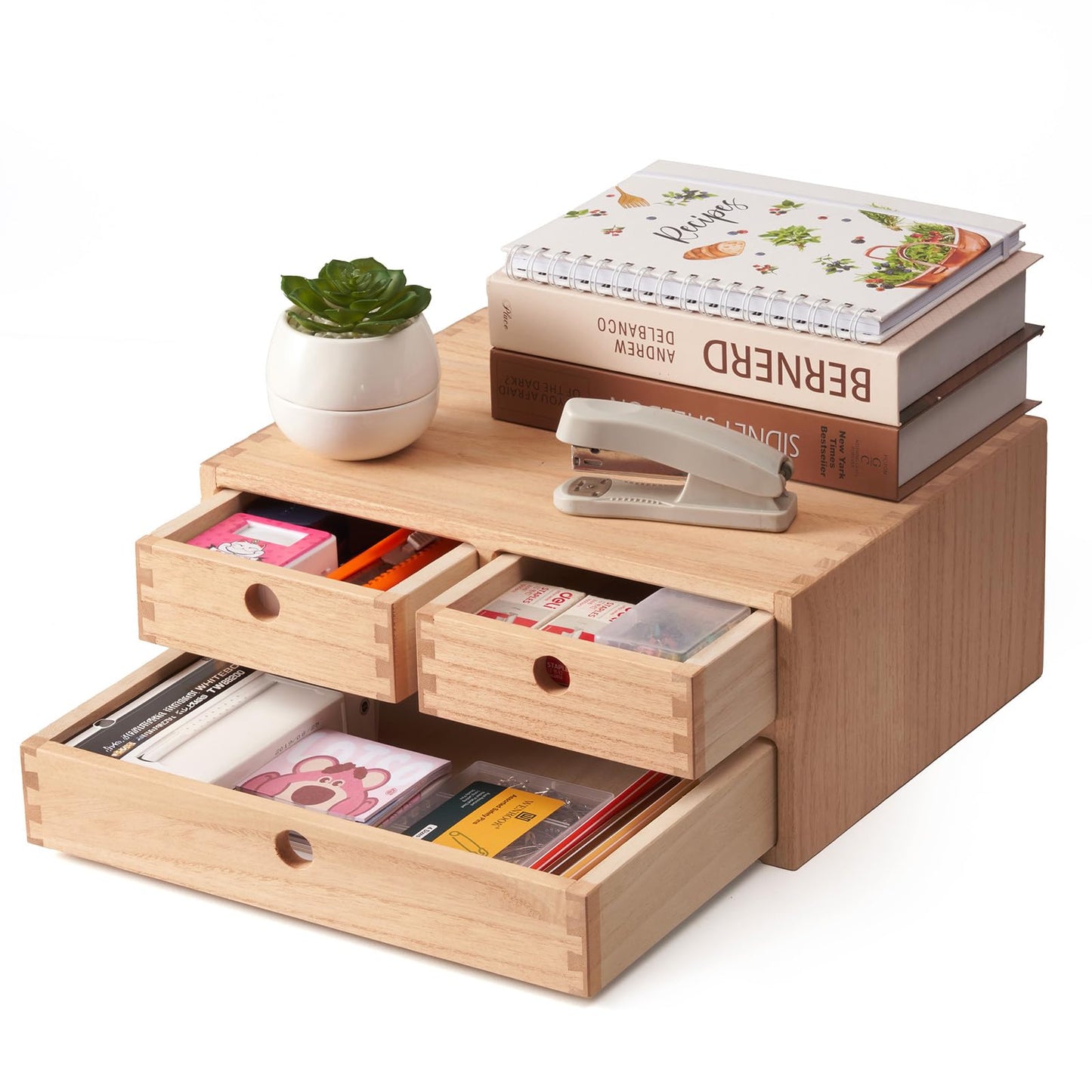 KIRIGEN Wood Desk Organizer with 3 Drawers, Desktop Storage, Natural 23-NA