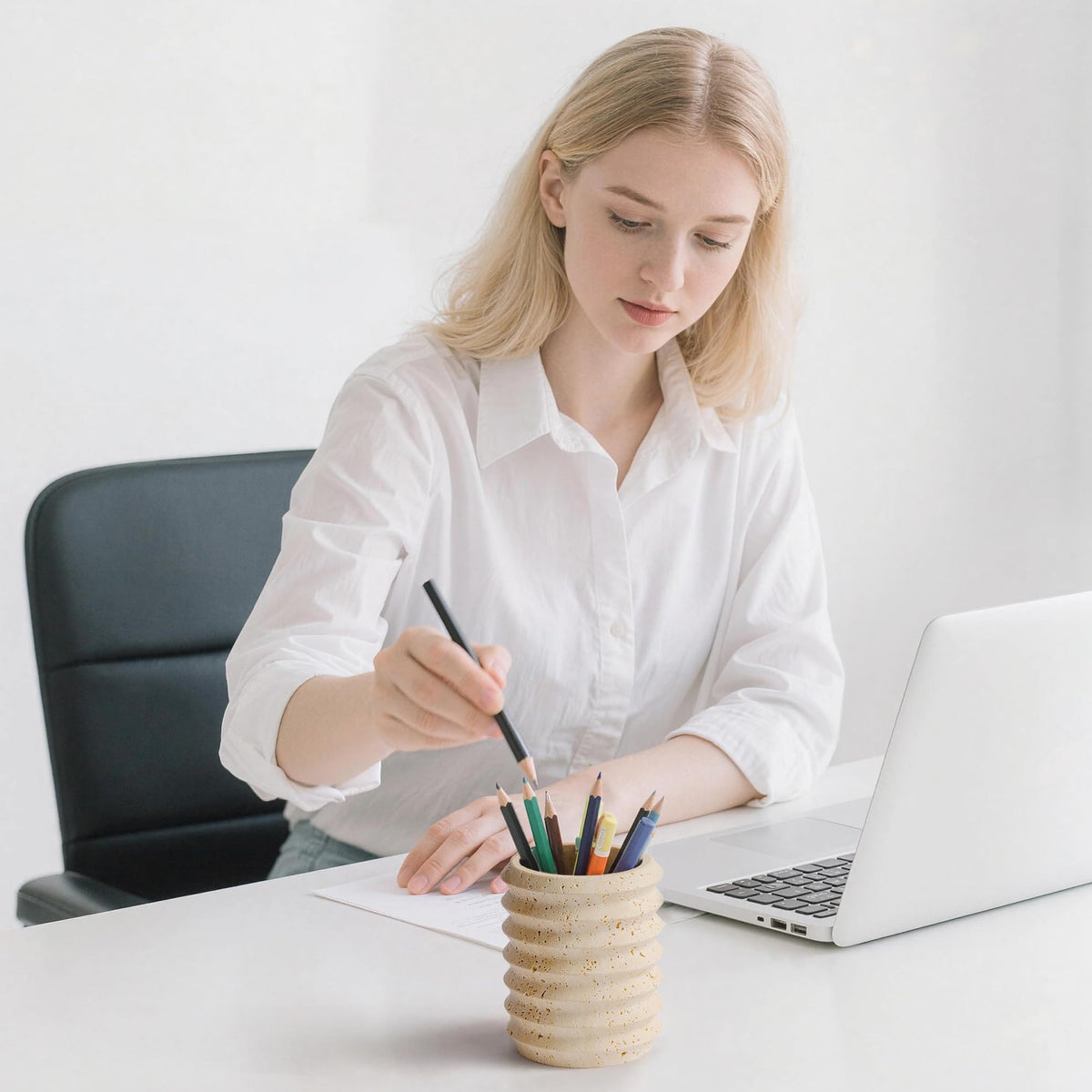 WORHE Pen Holder Stand for Desk, Natural Travertine Stone Makeup Brush Holders, Modern and