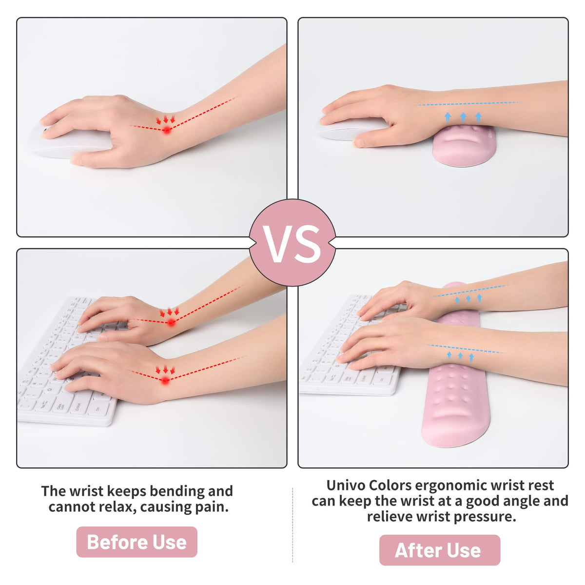 UnivoColors Pink Keyboard Wrist Support and Mouse Wrist Rest Set, Made of Memory Foam Soft Gel