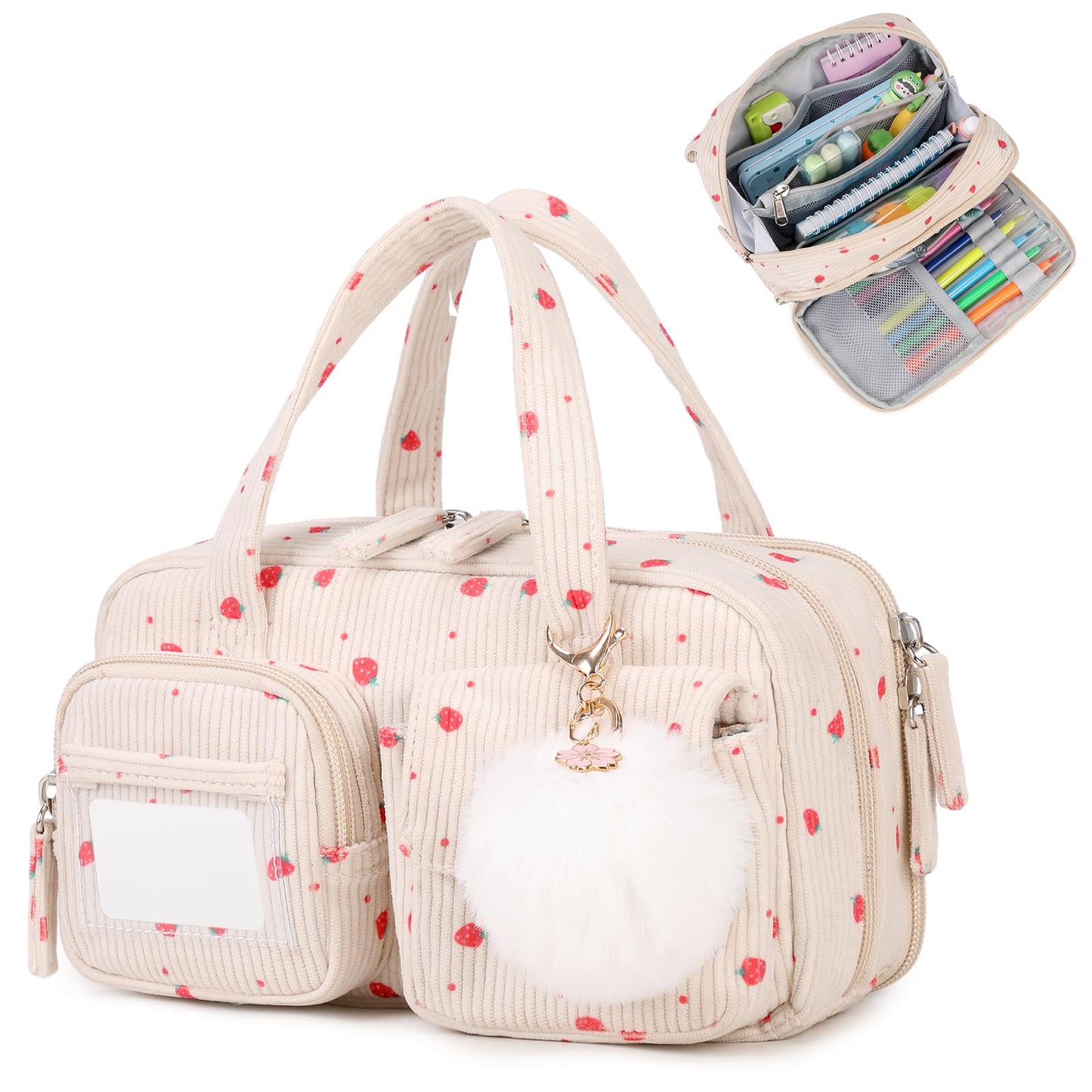 Pencil Case Corduroy Multiple Compartments Pouch Bag for Girl, Strawberry