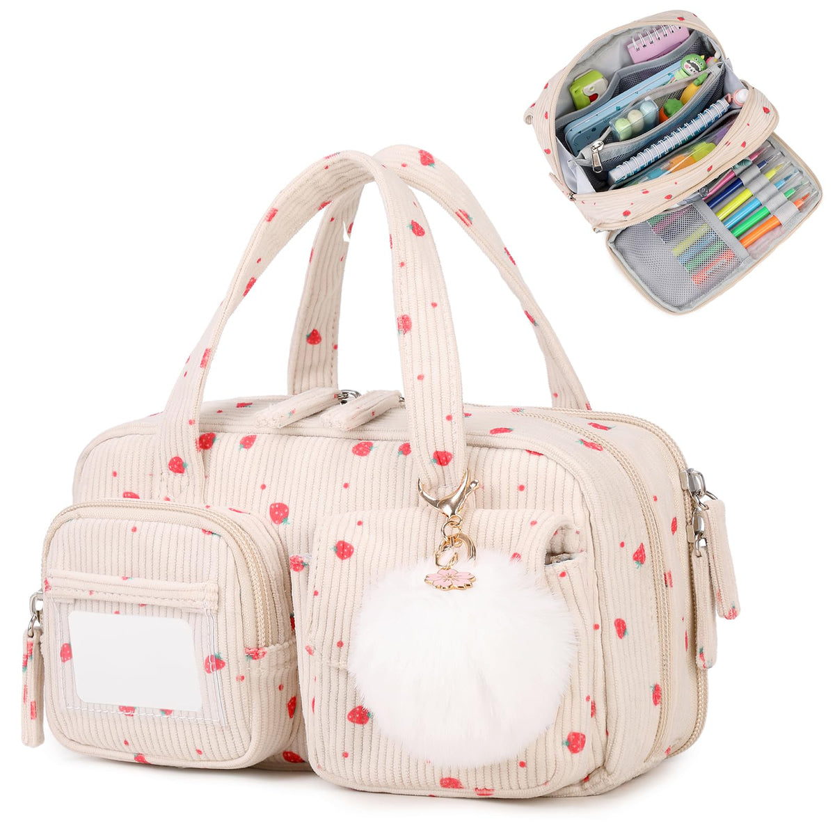 Pencil Case Corduroy Multiple Compartments Pouch Bag for Girl, Strawberry