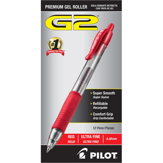 PILOT G2 Gel Roller Pens, Ultra Fine Point 0.38 mm, Red Pens, Pack of 12