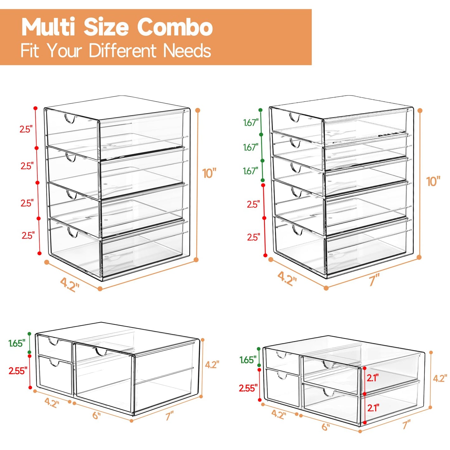 DOMNIU Acrylic Makeup Drawer Storage Organizer with 16 Drawers, 4 Set