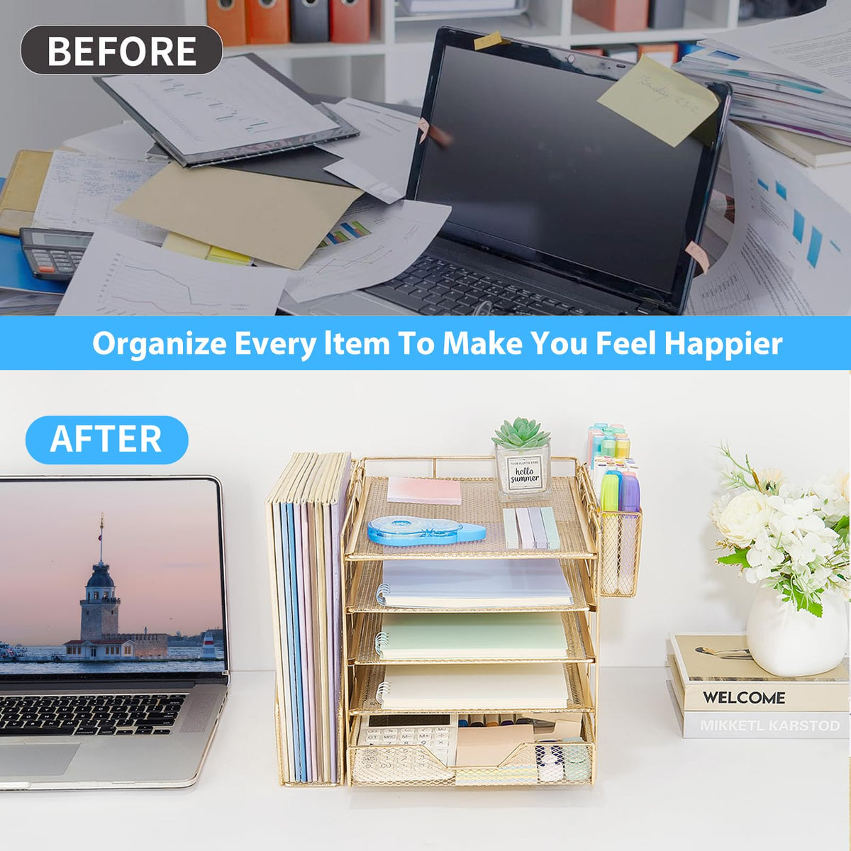 Gugsey 5-Tier Desk File Organizer with Drawer & Pen Holder (Gold)